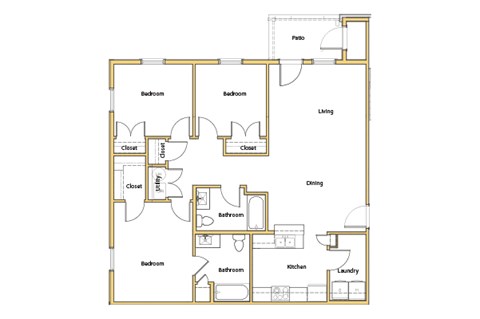 Floor plan for 3 beds, 2 baths, 1198 sqft